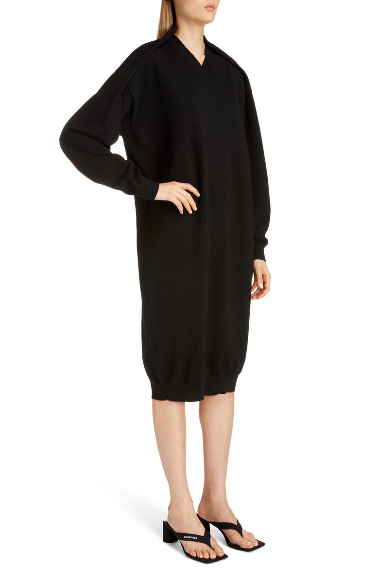 Logo Embroidered Pinched Long Sleeve Wool Blend Sweater Dress, Alternate, color, BLACK