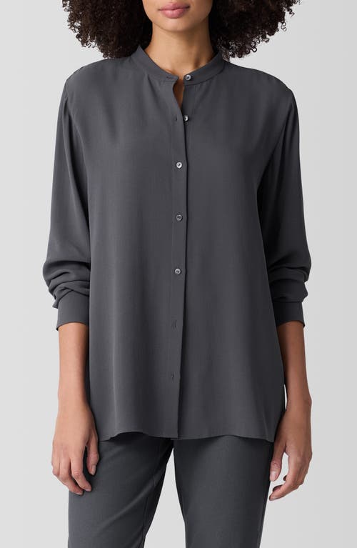 Eileen Fisher Mandarin Collar Silk Button-up Shirt In Ebony