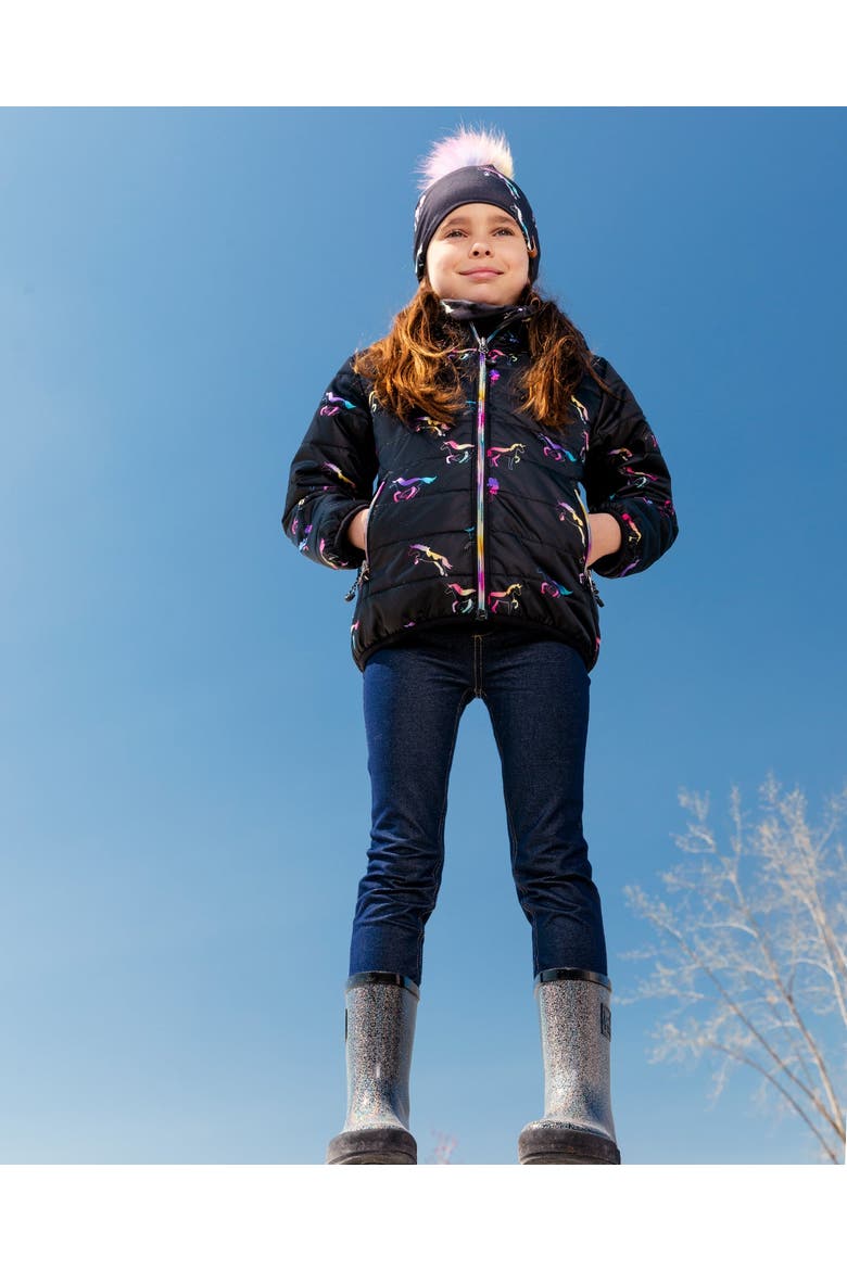 Baby Girl's Quilted Mid-Season Jacket Black Printed Multicolor Unicorns, Alternate, color, Black Printed Unicorns