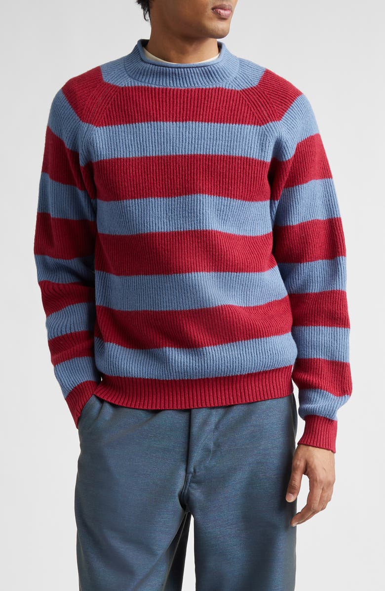 BEAMS Stripe Roll Neck Rib Sweater, Main, color, Sax