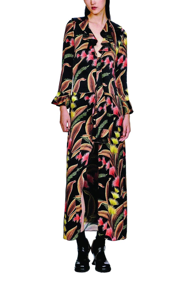 Anna Sui Feather Fern Ruffle Tie Dress, Main, color, Black Multi