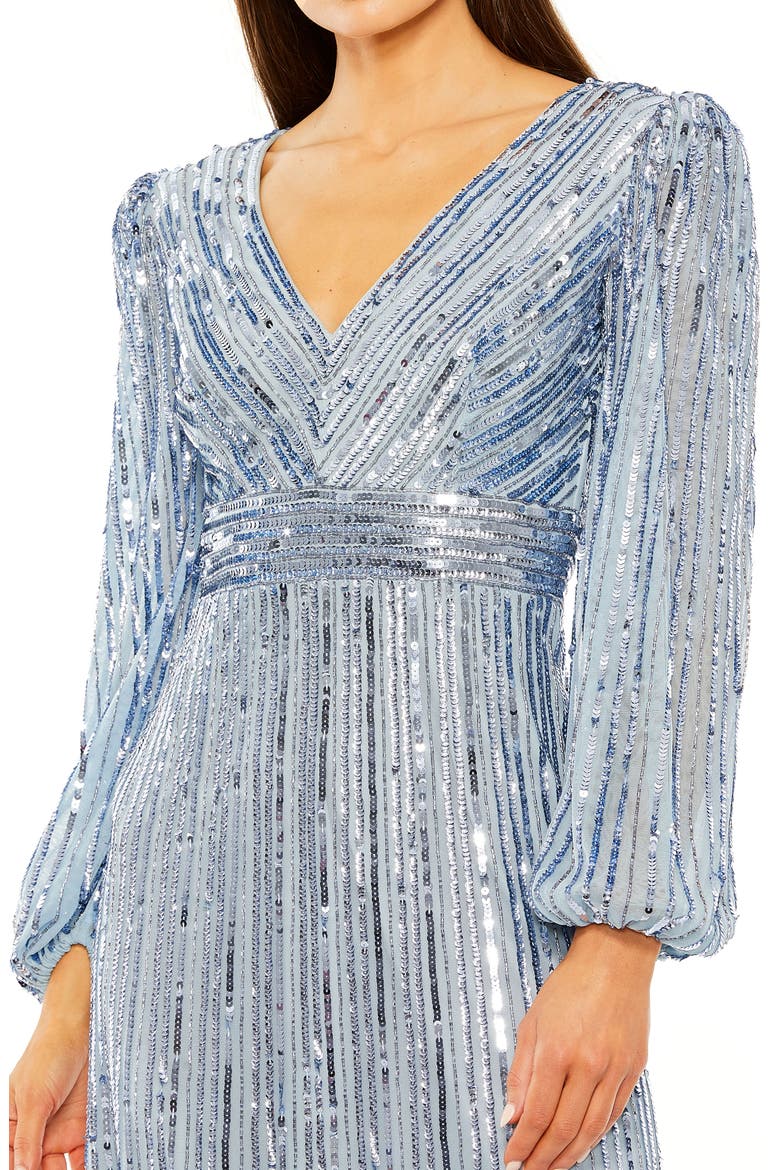 Long Sleeve Deep V Tiered Ruffle Sequin Dress, Alternate, color, SLATE BLUE