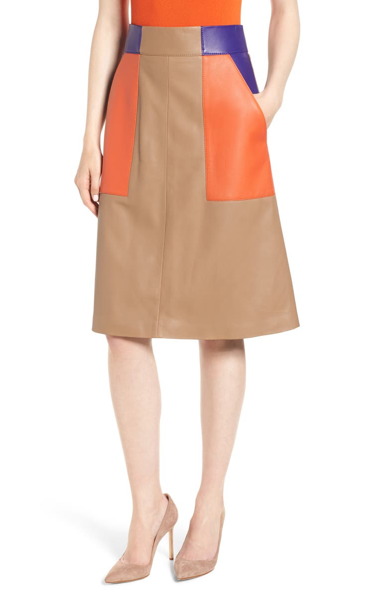 BOSS Seplea Colorblock Leather Skirt, Main, color, 