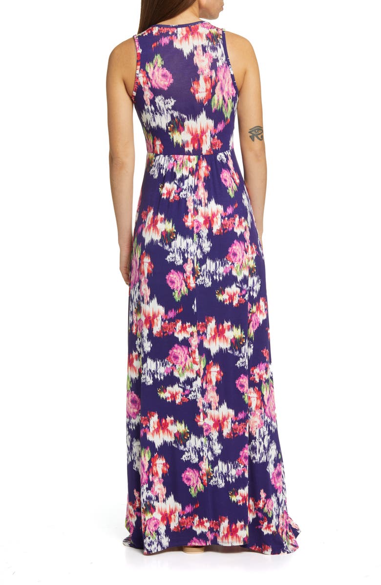 Loveappella Abstract Floral Print Sleeveless Jersey Maxi Dress, Alternate, color, Eggplant