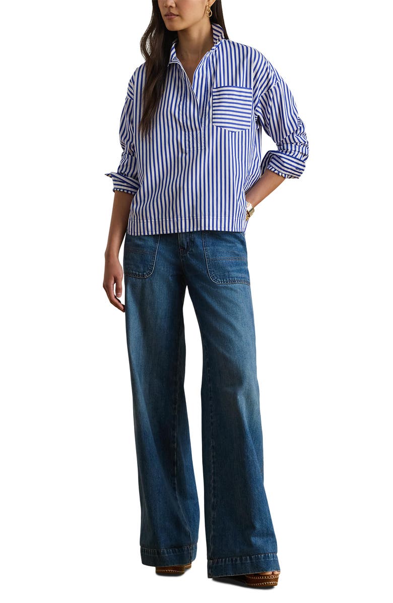 Lauren Ralph Lauren Satchee Stripe Cotton Popover Blouse, Alternate, color, Blue/ White Multi