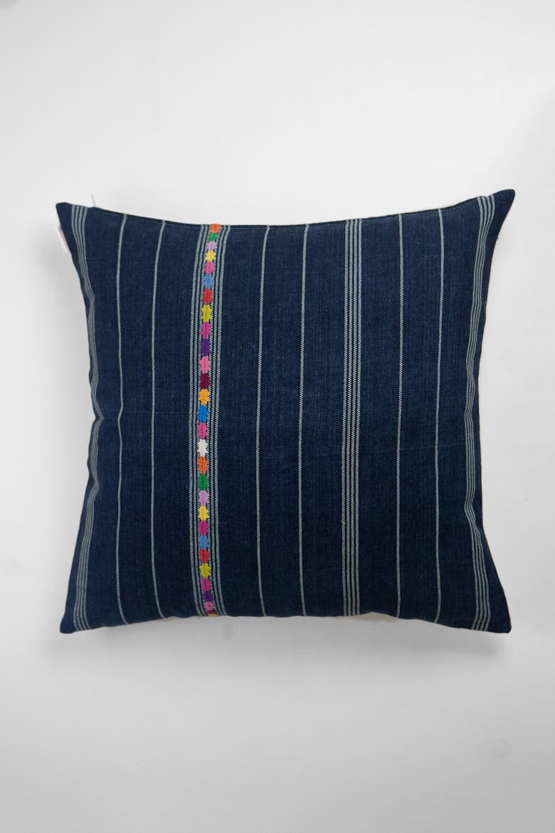 Vintage Indigo Denim Embroidered Stripe Handwoven Throw Pillow, Main, color, Blue