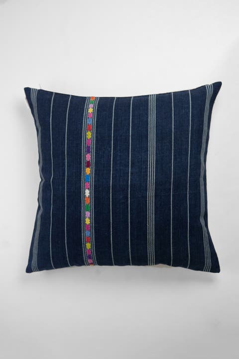 Vintage Indigo Denim Embroidered Stripe Handwoven Throw Pillow