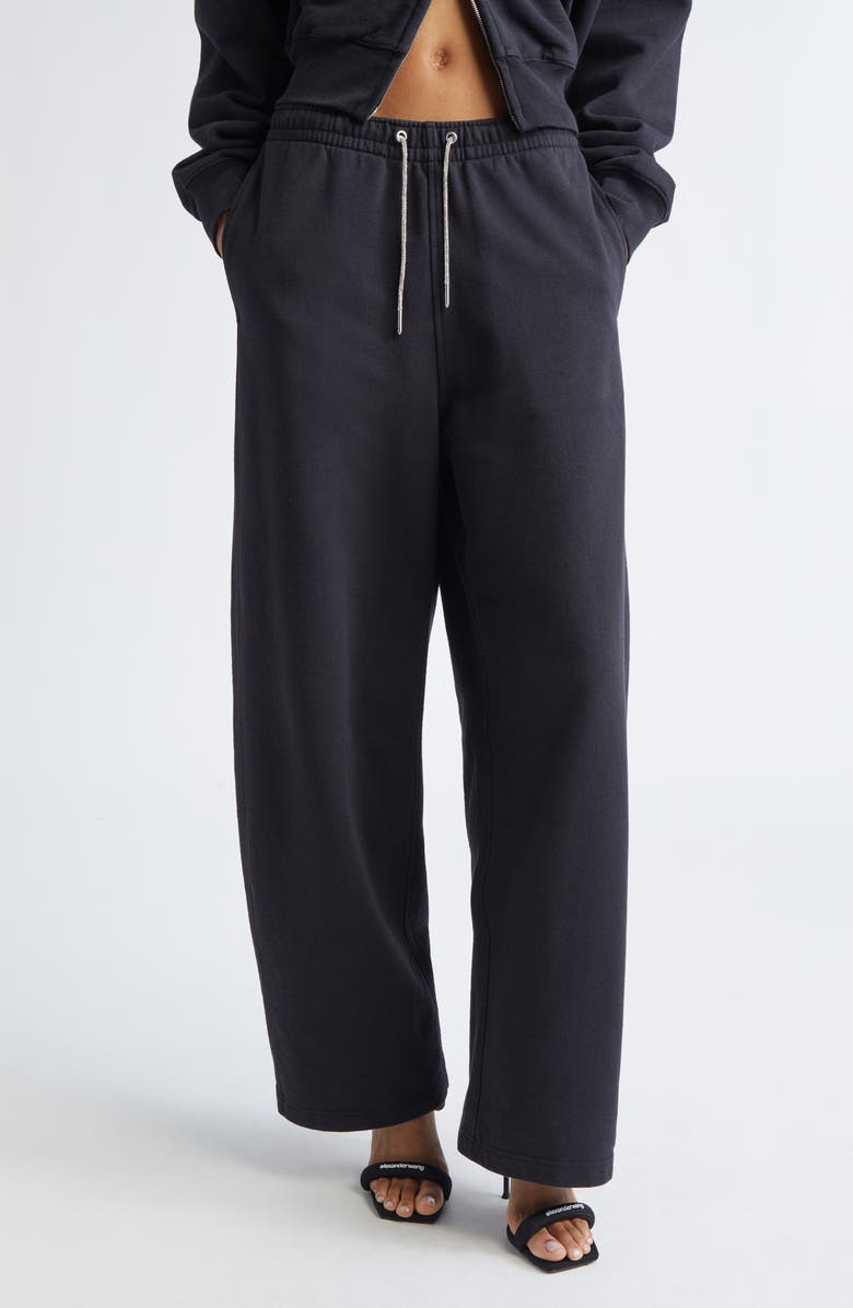 Alexander Wang Wide Leg Sweatpants with Rhinestone Drawstring, Main, color, Black