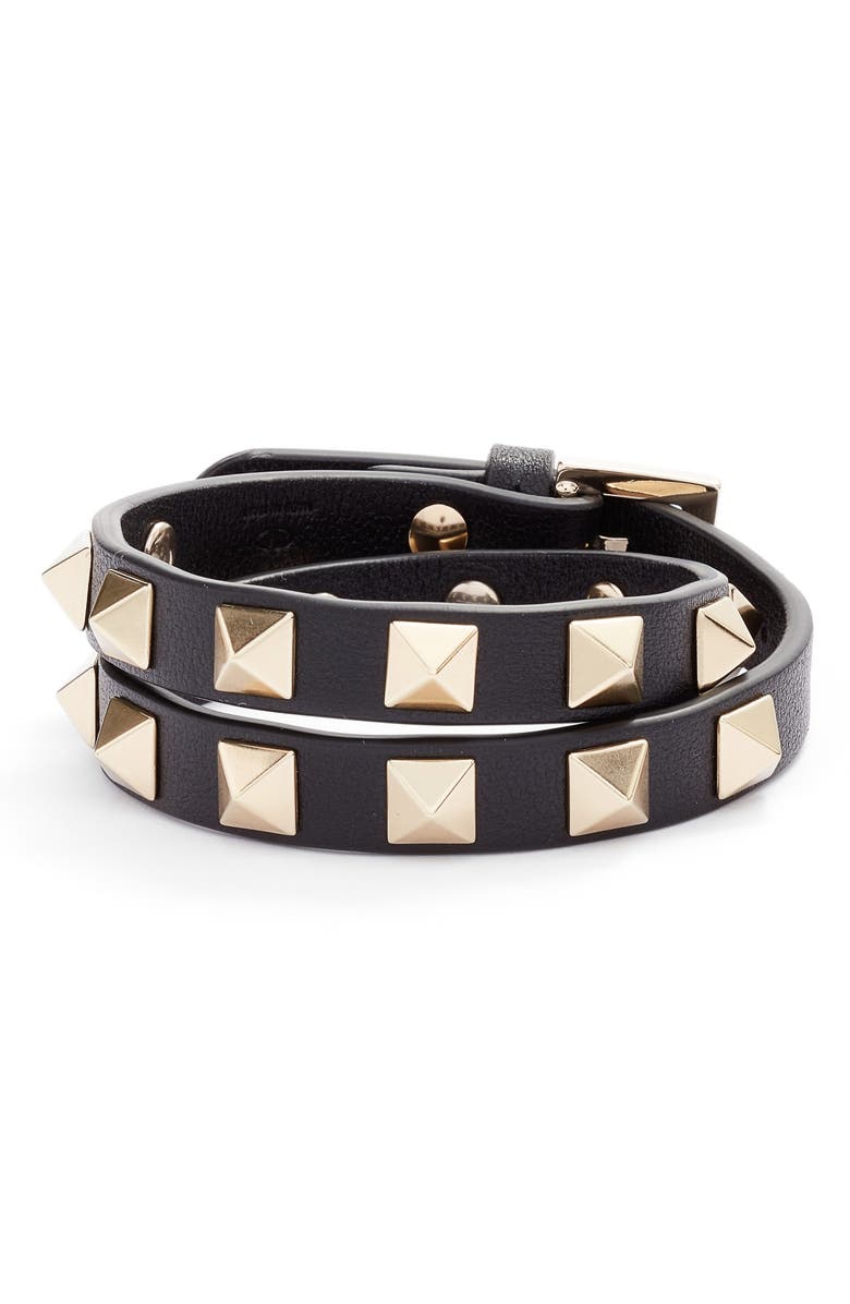 Valentino Rockstud Leather Double Wrap Bracelet, Main, color, 