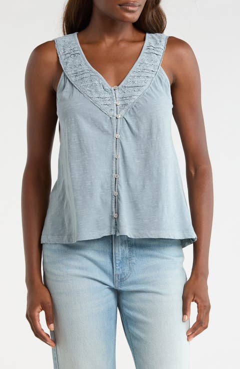 Lace Trim Sleeveless Cotton Blend Top