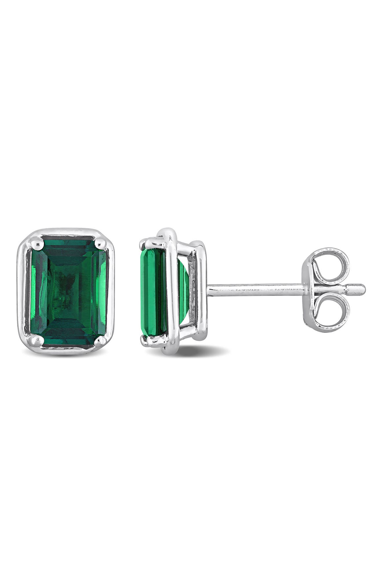 DELMAR Sterling Silver Lab Created Emerald Stud Earrings