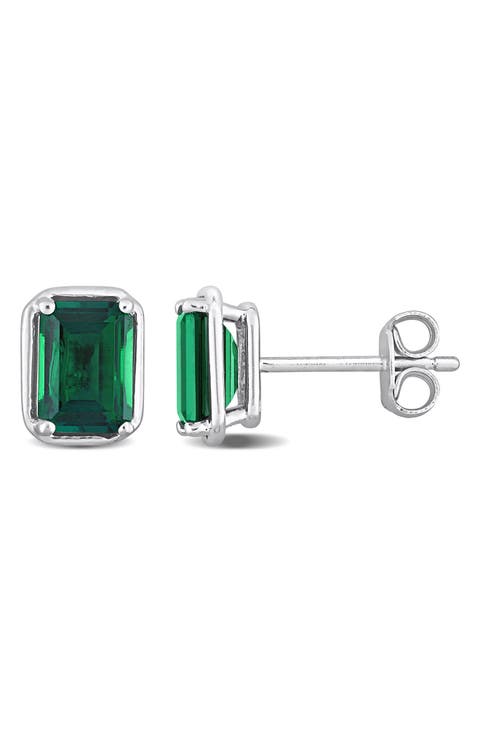 Sterling Silver Lab Created Emerald Stud Earrings