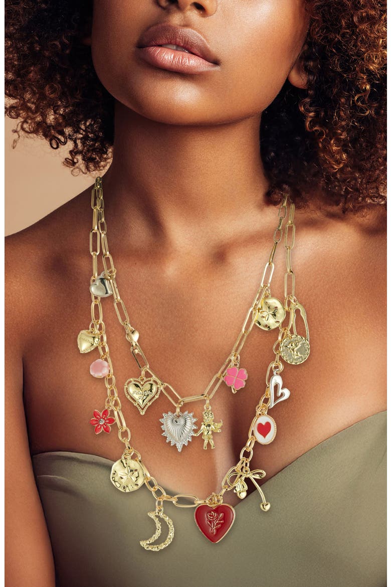 Heart Charm Multi Strand Necklace Set, Alternate, color, GOLD