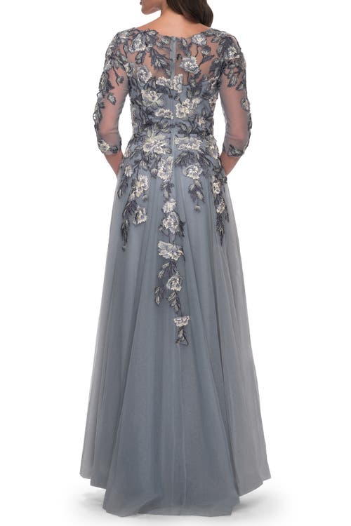 La Femme Tulle A-line Gown With Beautiful Lace Applique And Sheer Sleeves In Slate Blue