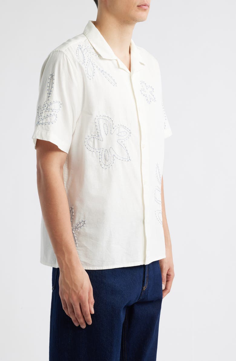 Wax London Didcot Embroidered Cotton & Linen Camp Shirt, Alternate, color, Ecru / Pale Blue