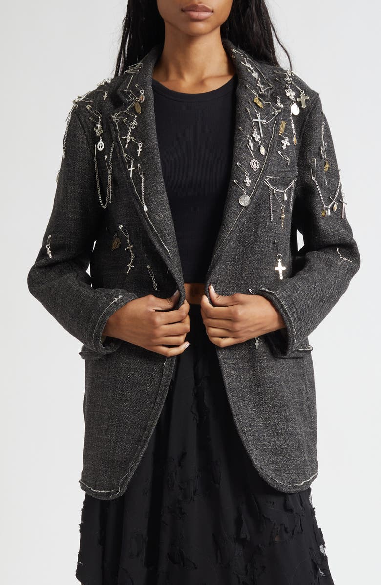 R13 Embellished Frayed Edge Ragged Virgin Wool & Linen Blazer, Main, color, Dark Grey