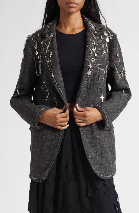 Embellished Frayed Edge Ragged Virgin Wool & Linen Blazer