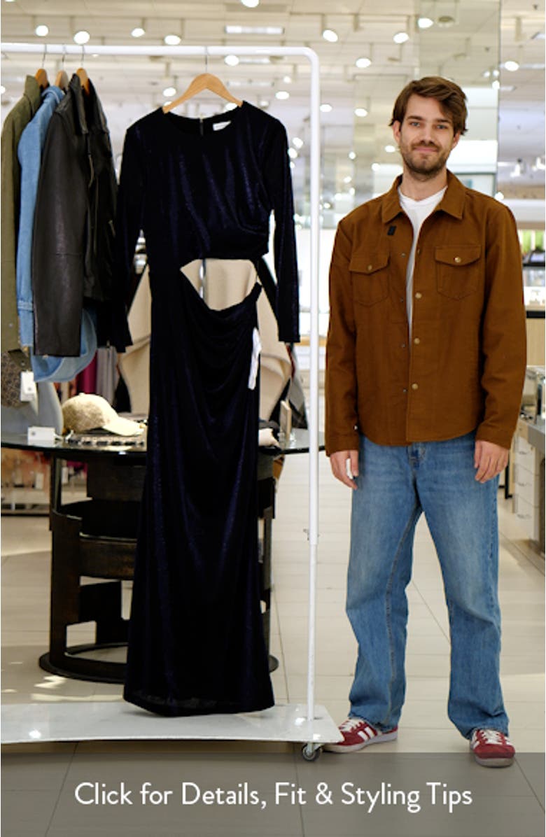 Candace Cutout Metallic Long Sleeve Column Gown, sales video thumbnail