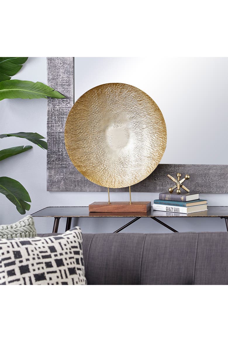 Gold Metal Plate Geometric Sculpture with Wood Stand, Alternate, color, GOLD