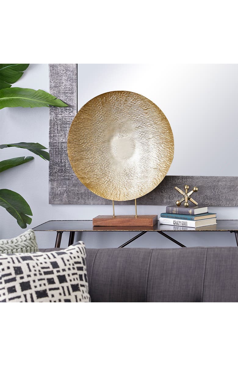 WILLOW ROW Gold Metal Plate Geometric Sculpture with Wood Stand, Alternate, color, Gold