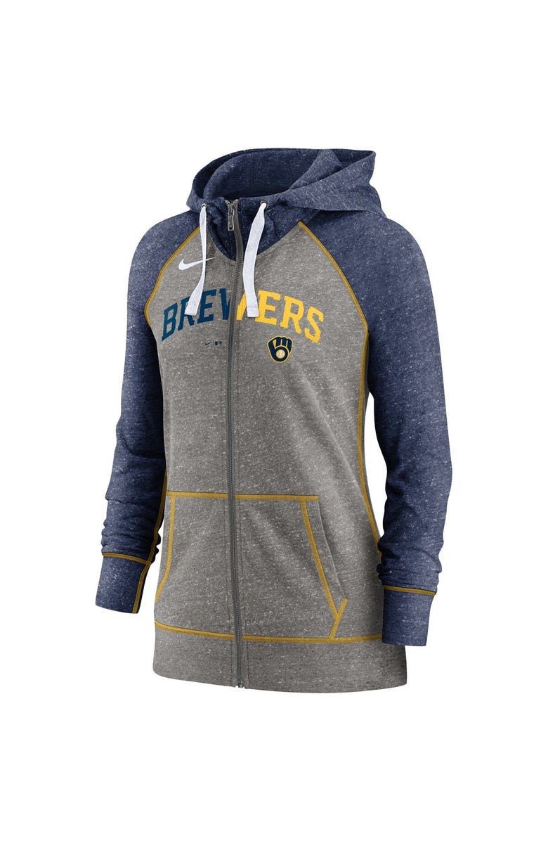 Nike Women's Nike Heathered Charcoal/Heathered Navy Milwaukee Brewers Split Wordmark Gym Vintage Raglan Slub Full-Zip Hoodie, Alternate, color, Heather Charcoal