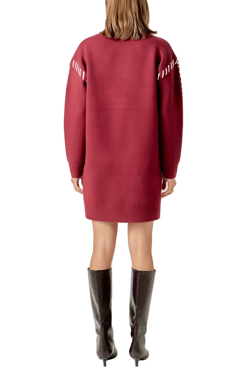 English Factory Whipstitch Long Sleeve Sweater Minidress, Alternate, color, Burgundy/ Pink