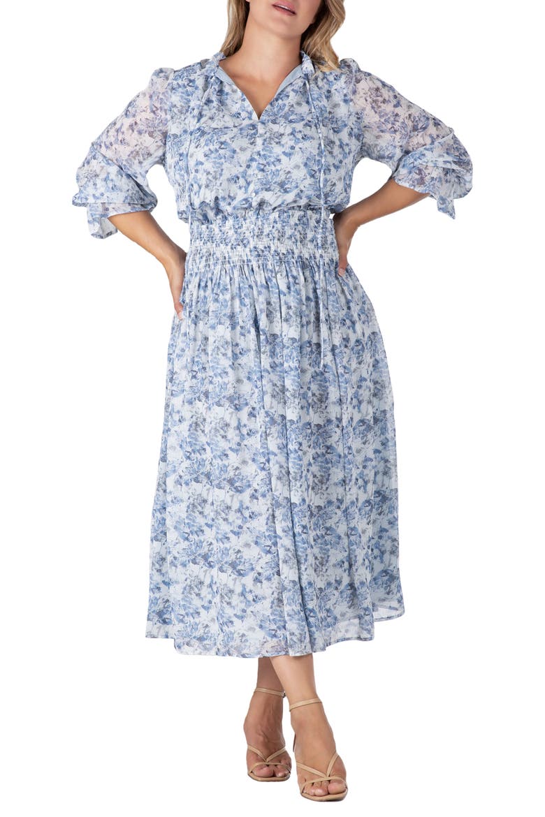 Floral Long Sleeve Midi Dress, Alternate, color, BLUE WHITE PRINT