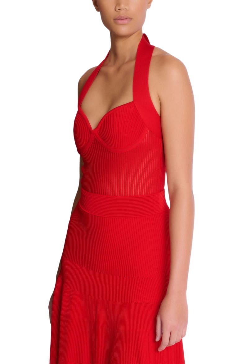 Halterneck pleated knit midi dress, Alternate, color, red