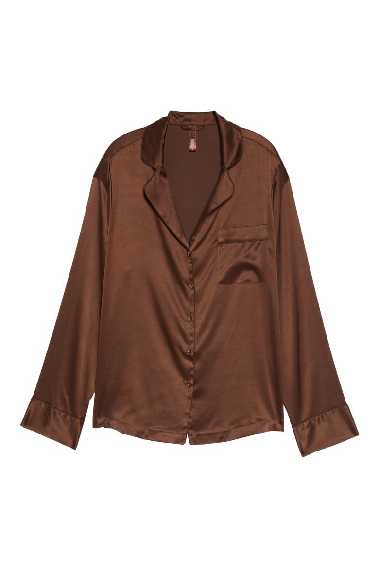 Sandwashed Stretch Silk Button-Up Shirt, Alternate, color, COCOA