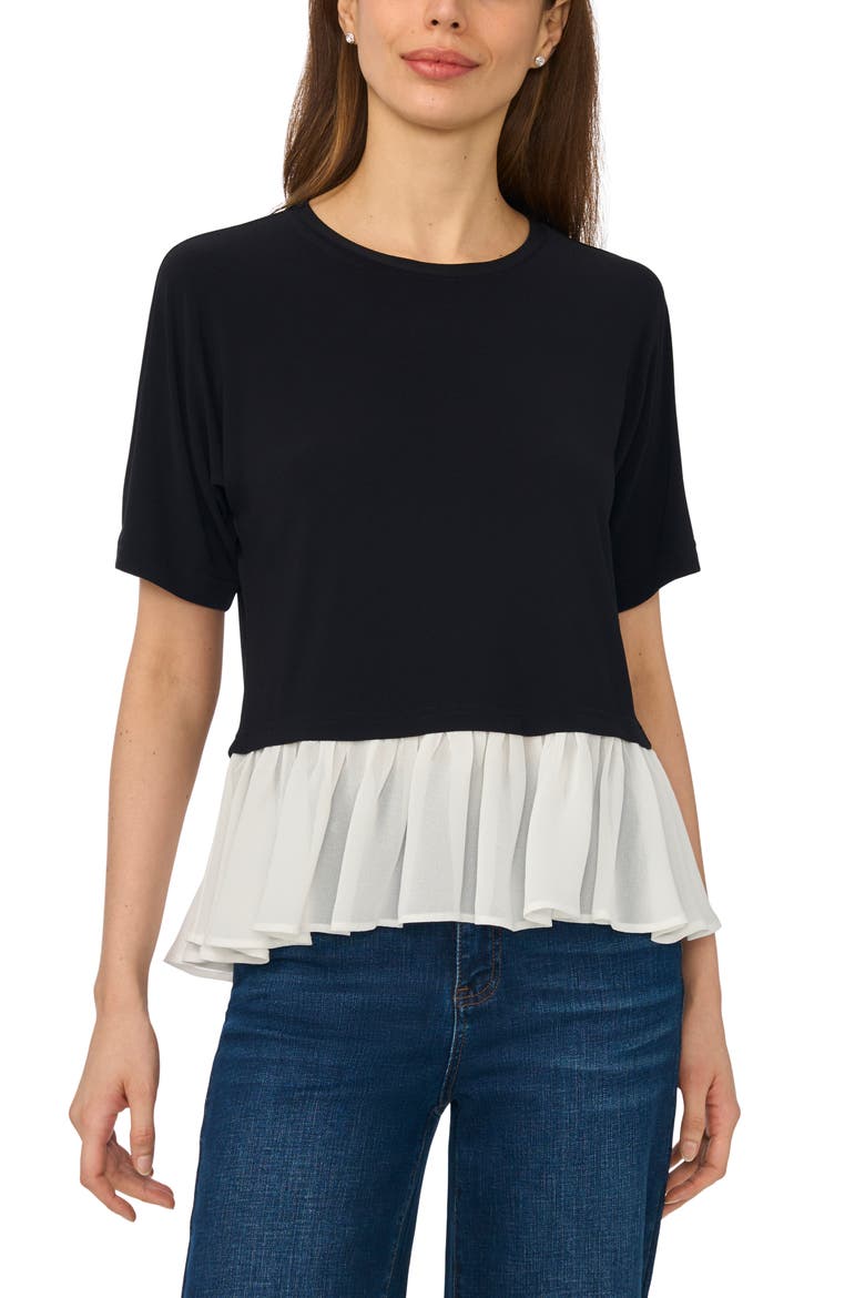 Pleated Hem Stretch Jersey Top, Main, color, RICH BLACK/ IVORY