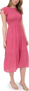 Blu Pepper Flutter Sleeve Smocked Tiered Midi Dress