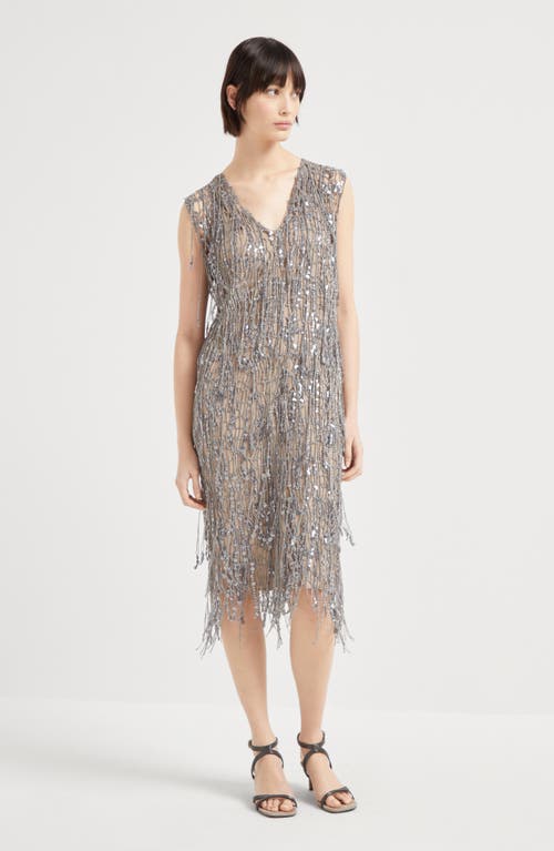Brunello Cucinelli Glistening Embroidery Dress In Light Grey