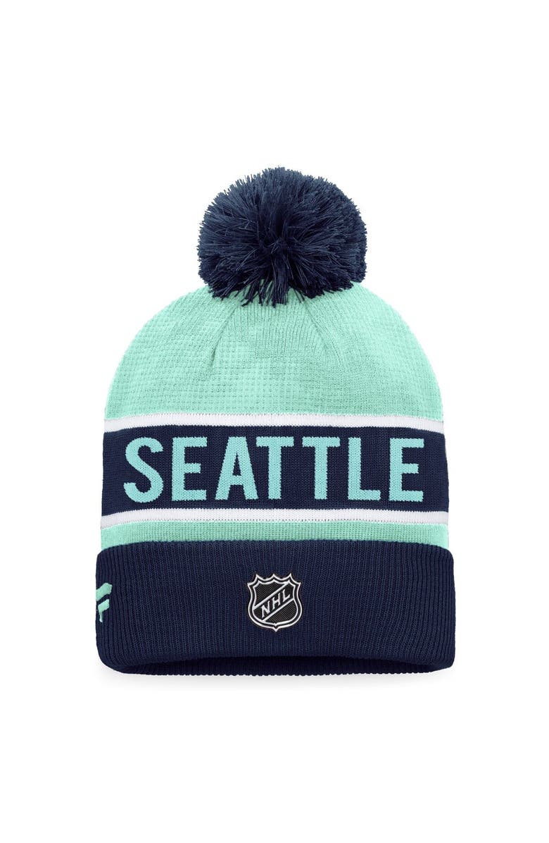 FANATICS Men's Fanatics Branded Deep Sea Blue/Light Blue Seattle Kraken Authentic Pro Rink Cuffed Knit Hat with Pom, Alternate, color, Navy