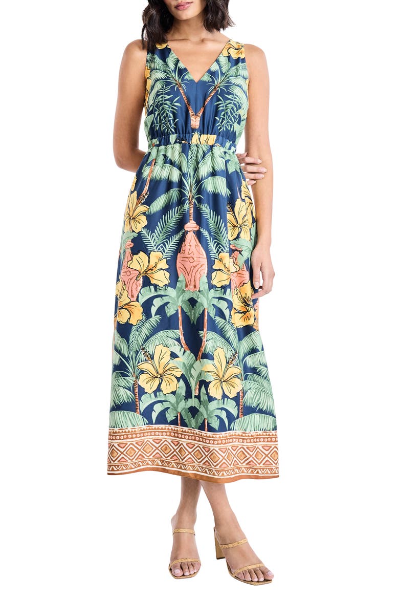 Botanical V-Neck Midi Dress, Main, color, TITAN/ BANANA CREAM