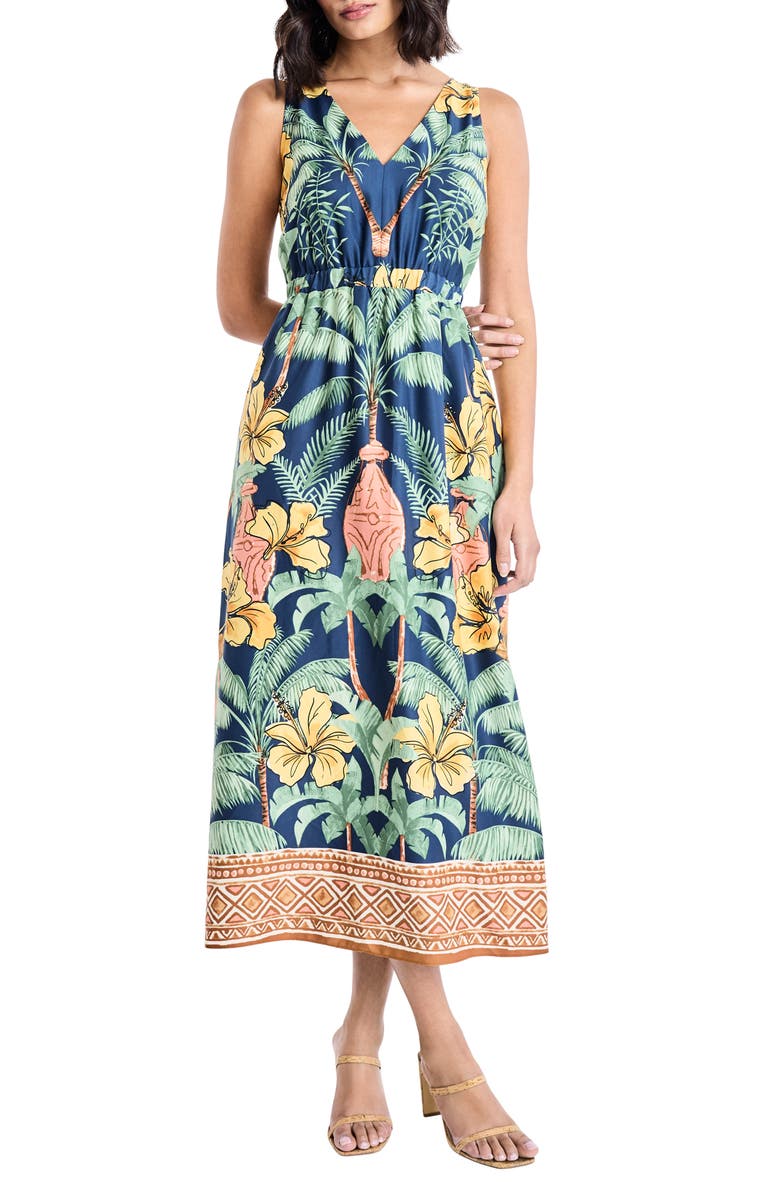 Maggy London Botanical V-Neck Midi Dress, Main, color, Titan/ Banana Cream