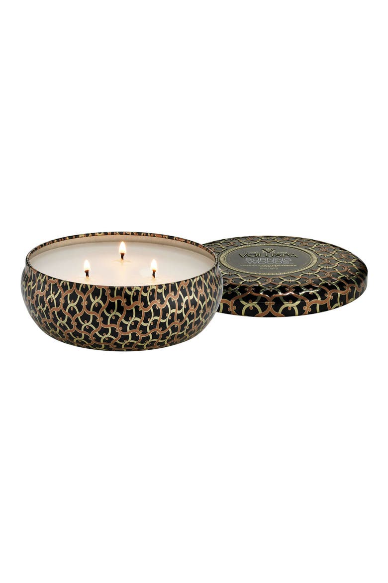 Burning Woods Three-Wick Tin Candle, Main, color, NO COLOR