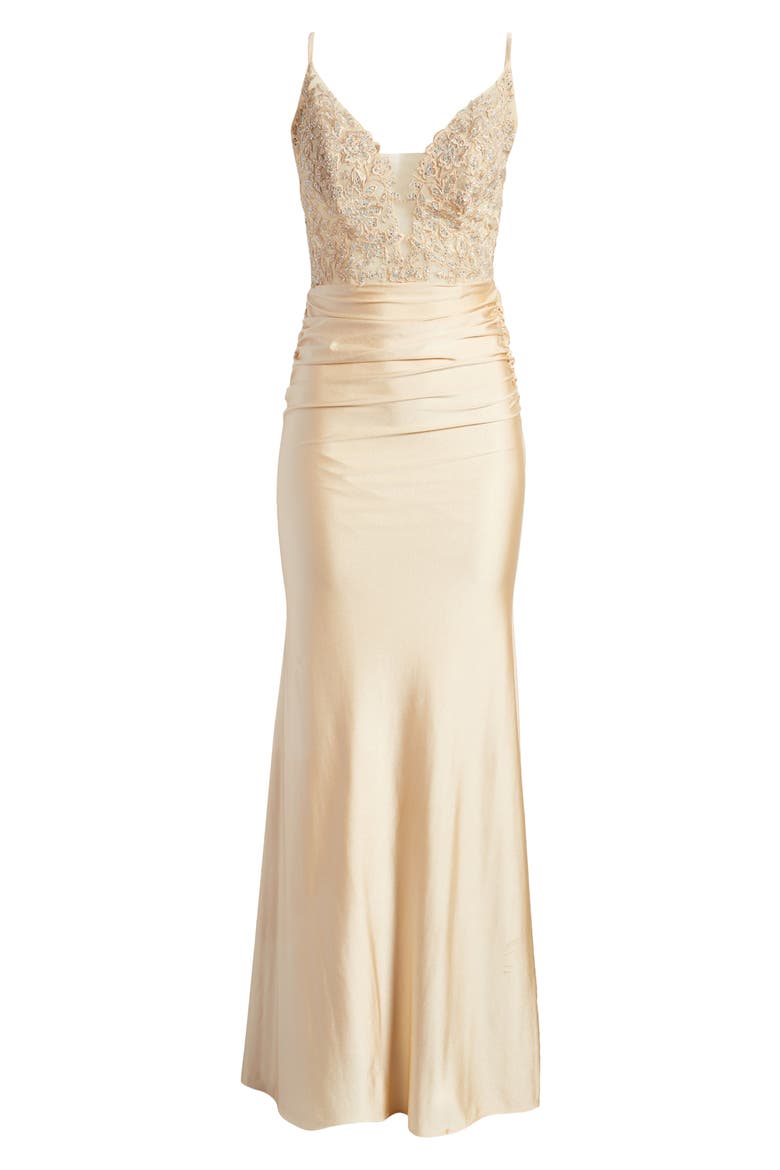 Prom Dress with Beautiful Lace Bodice and Jersey Skirt, Alternate, color, LIGHT GOLD