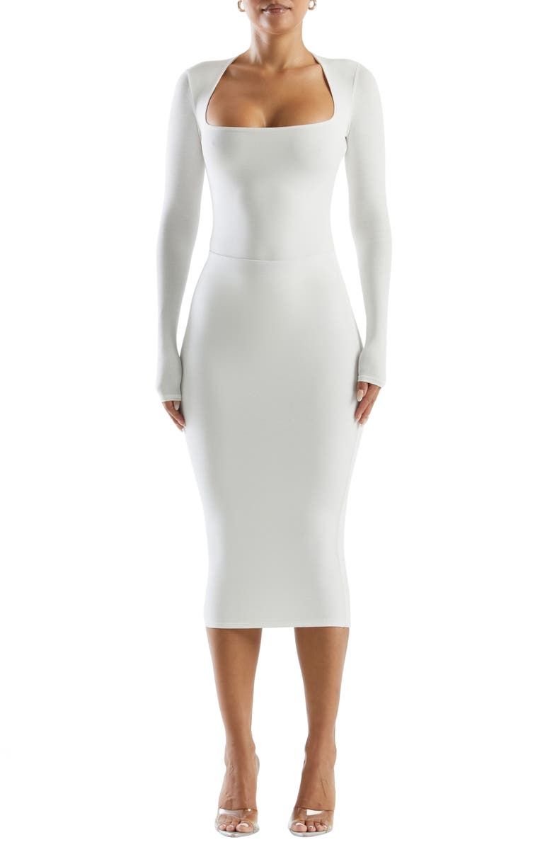 Naked Wardrobe Squared Away Long Sleeve Thong Bodysuit, Main, color, White