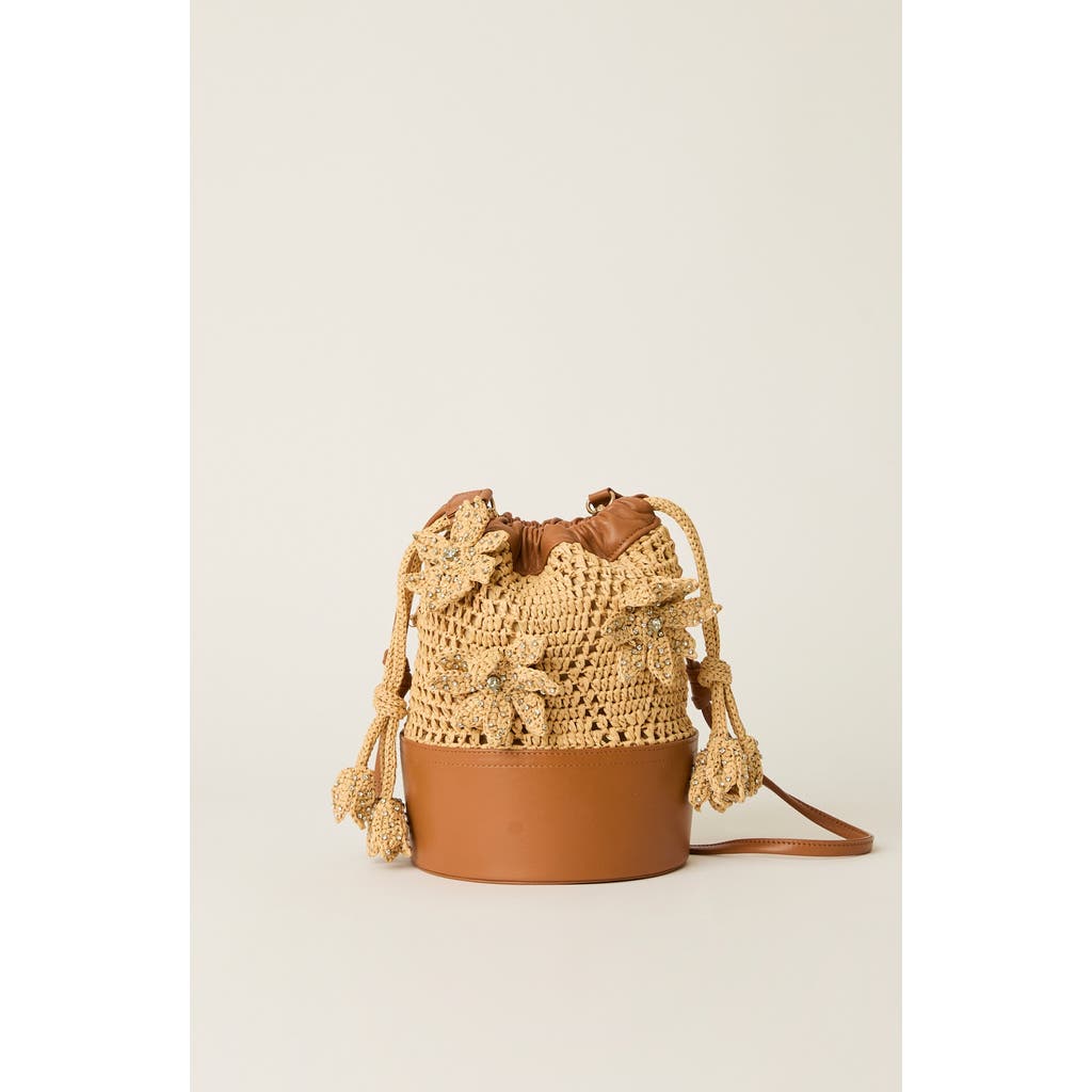 Btb Los Angeles Drawstring Floral Straw Shoulder Bag In Natural