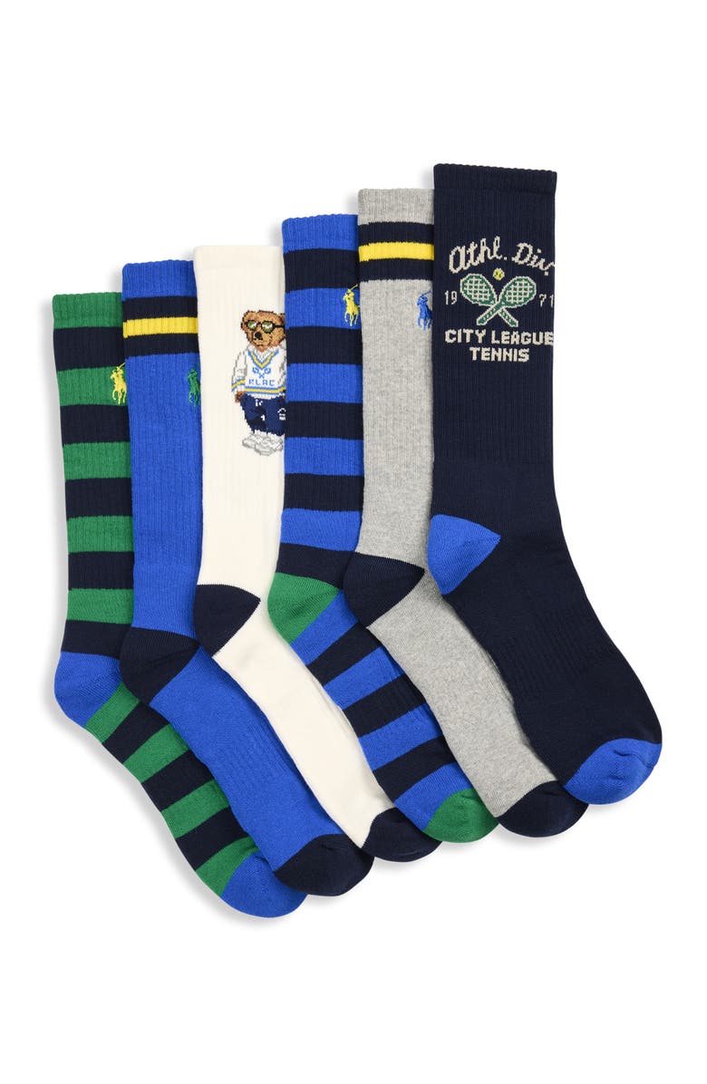 Polo Ralph Lauren Big & Tall 6-pk Athletic Bear Crew Socks, Main, color, Blue Multi