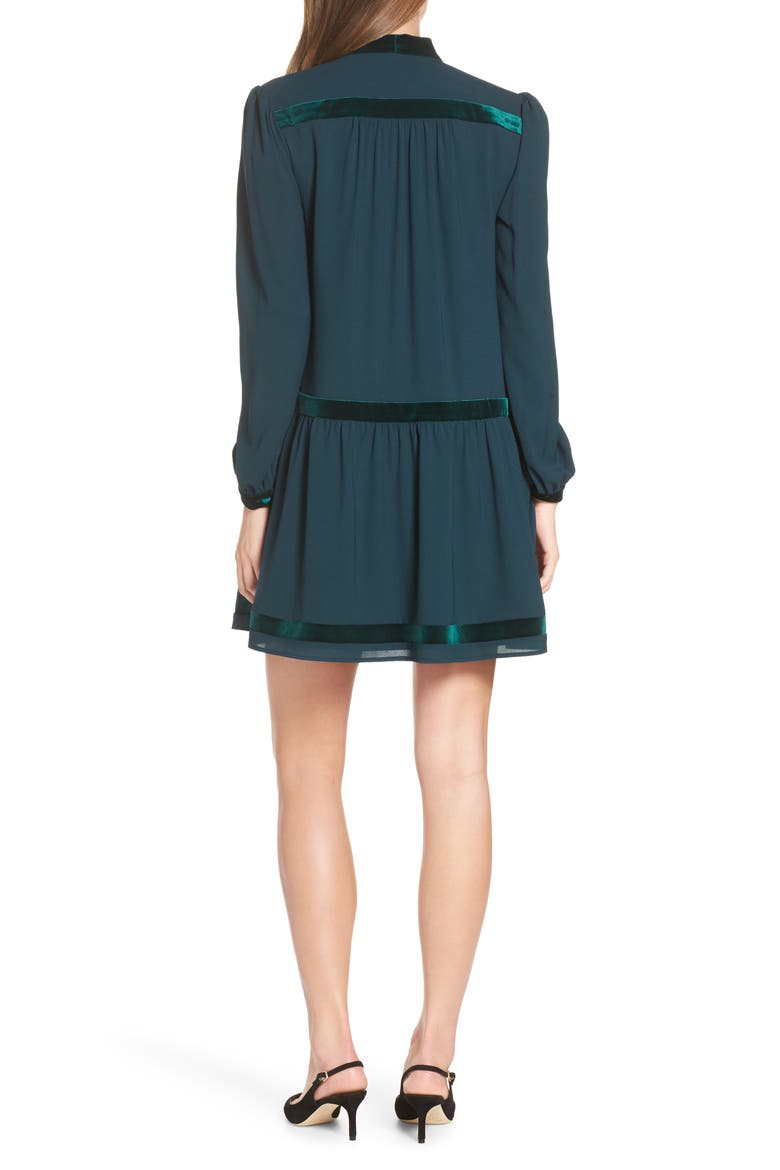 Velvet Trim Tie Neck Dress, Alternate, color, GREEN PONDEROSA