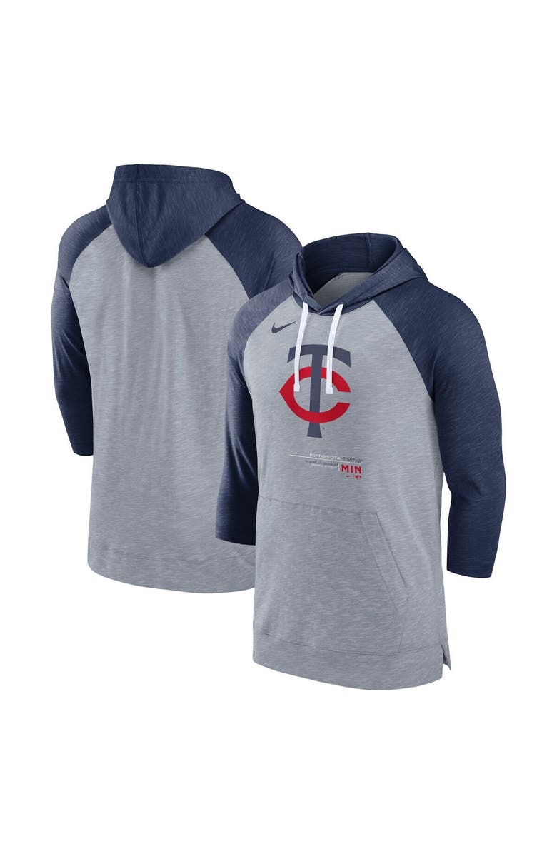 Nike Men's Nike Heather Gray/Heather Navy Minnesota Twins Baseball Raglan 3/4-Sleeve Pullover Hoodie, Main, color, Heather Gray