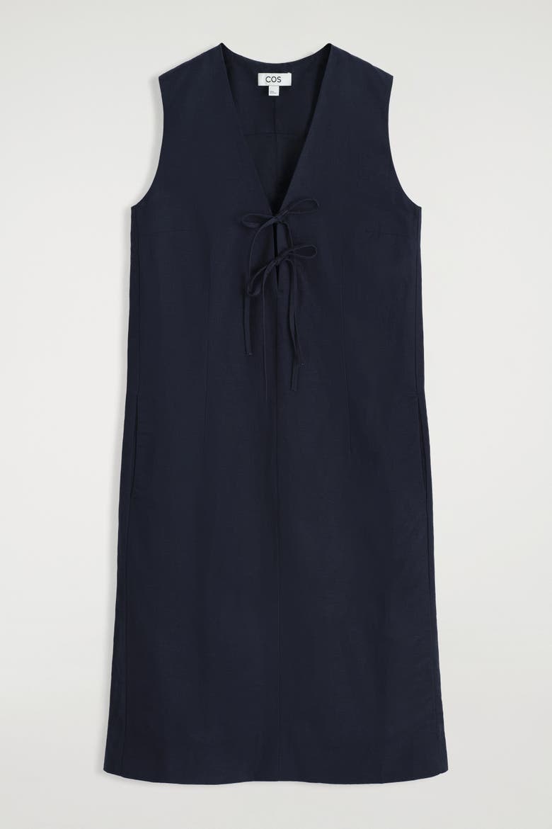 Linen-Blend Tie-Front Midi Dress, Alternate, color, NAVY