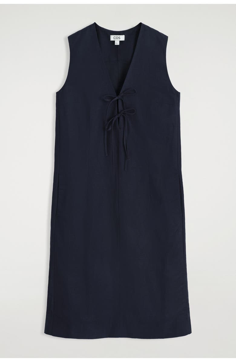 COS Linen-Blend Tie-Front Midi Dress, Alternate, color, Navy