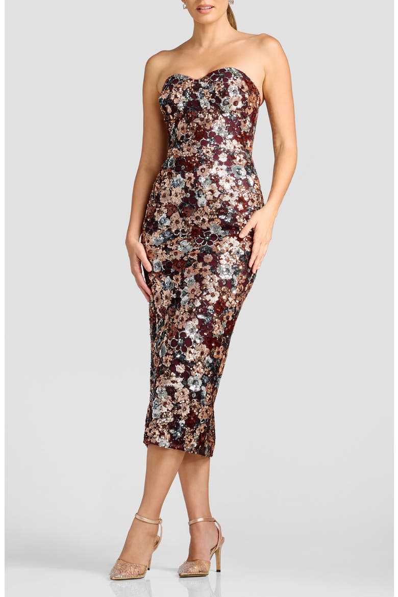 Vada Floral Sequin Strapless Midi Dress, Alternate, color, BURGUNDY MULTI