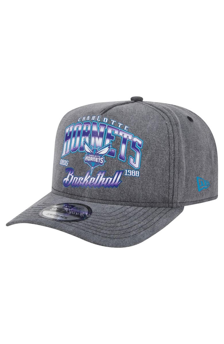 New Era Men's New Era Charcoal Charlotte Hornets Throwback Washed Pre-Curved 9FIFTY Snapback Hat, Main, color,