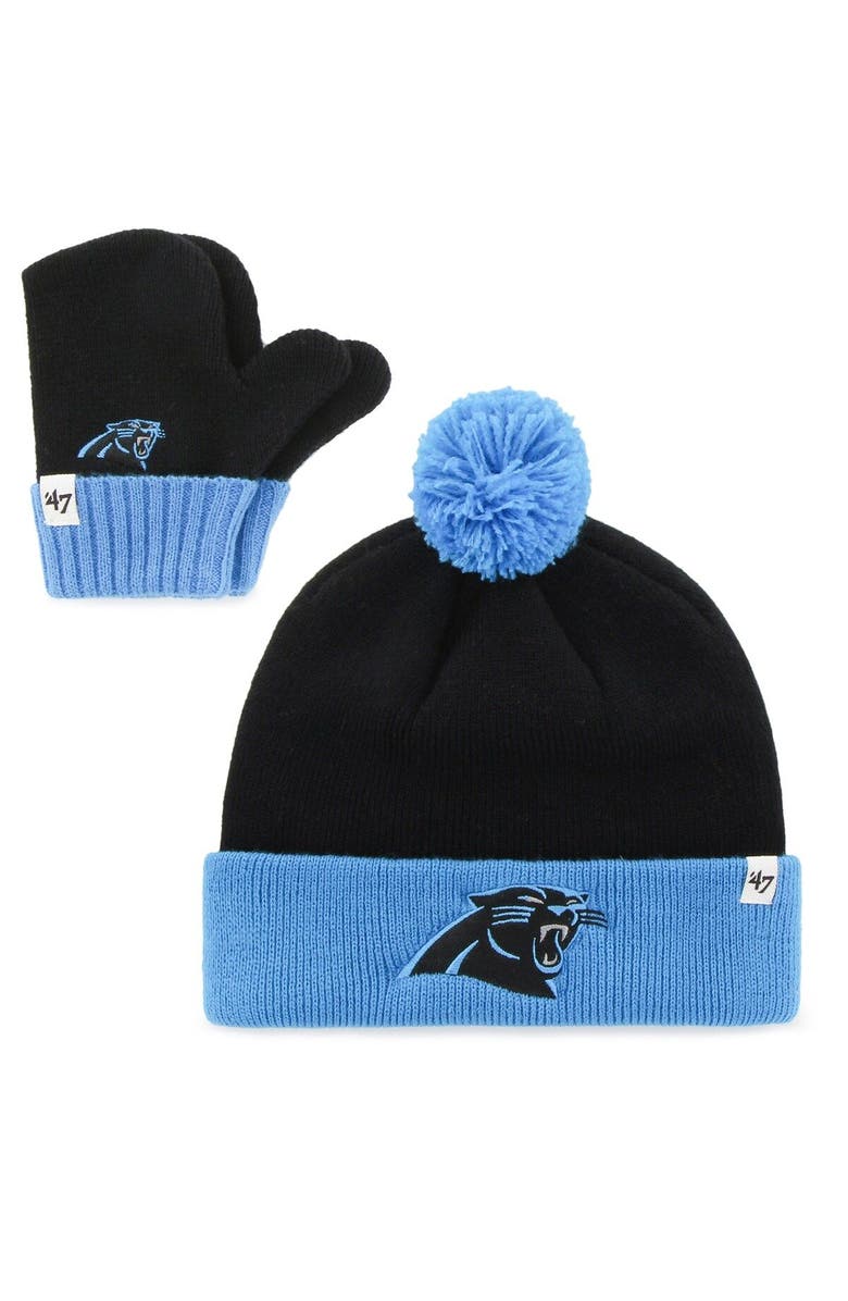 '47 Toddler '47 Black/Blue Carolina Panthers Bam Bam Cuffed Knit Hat with Pom and Mittens Set, Main, color, 