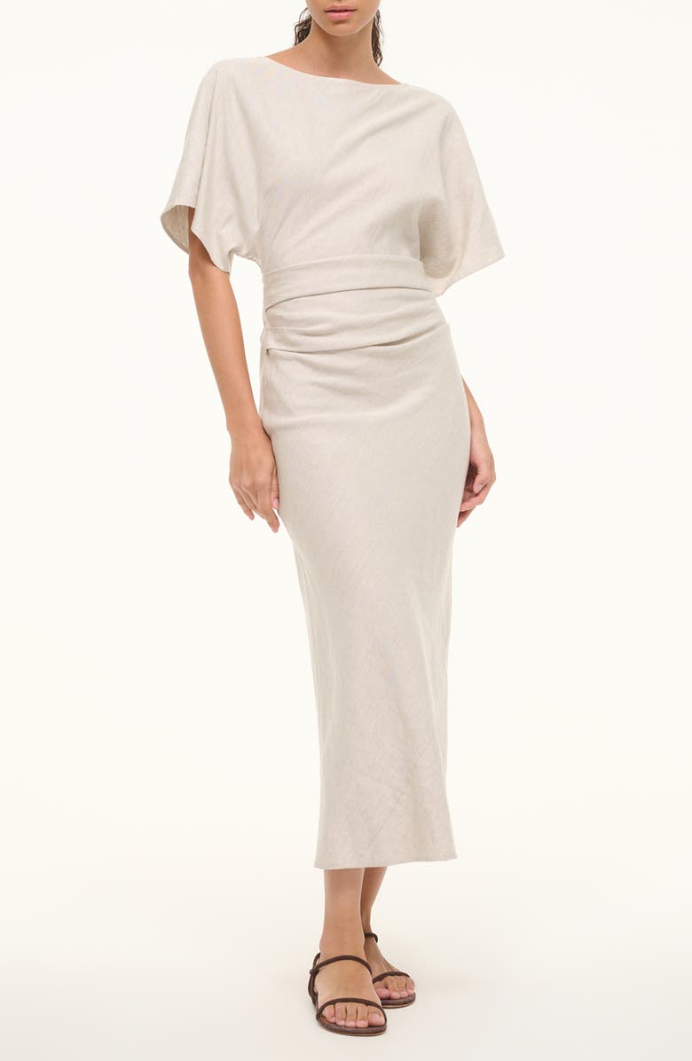 STAUD Amelie Ruched Waist Linen Blend Dress, Main, color, Natural