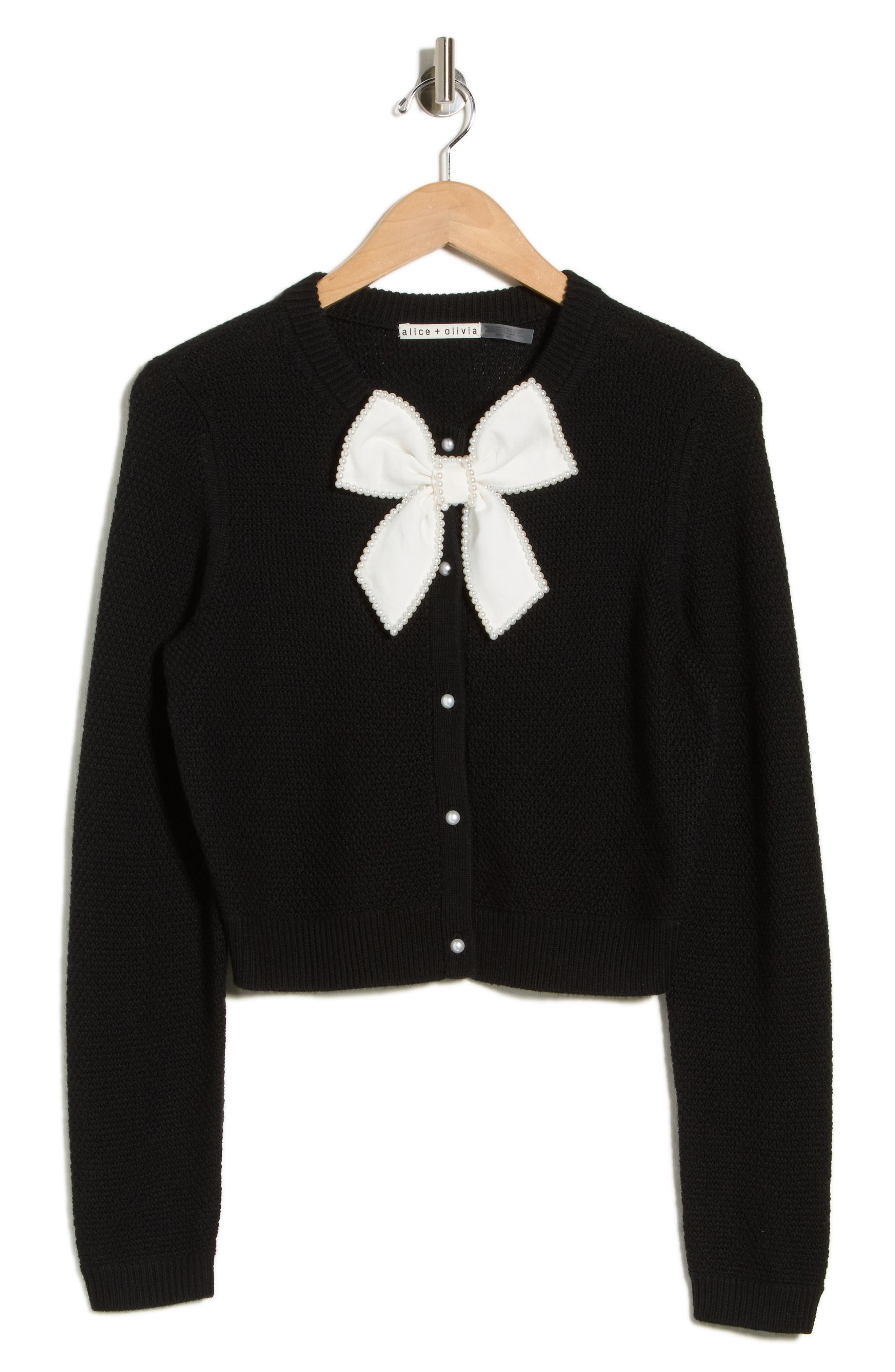 Alice + Olivia Dollie Pearly Bow Wool Blend Crop Cardigan