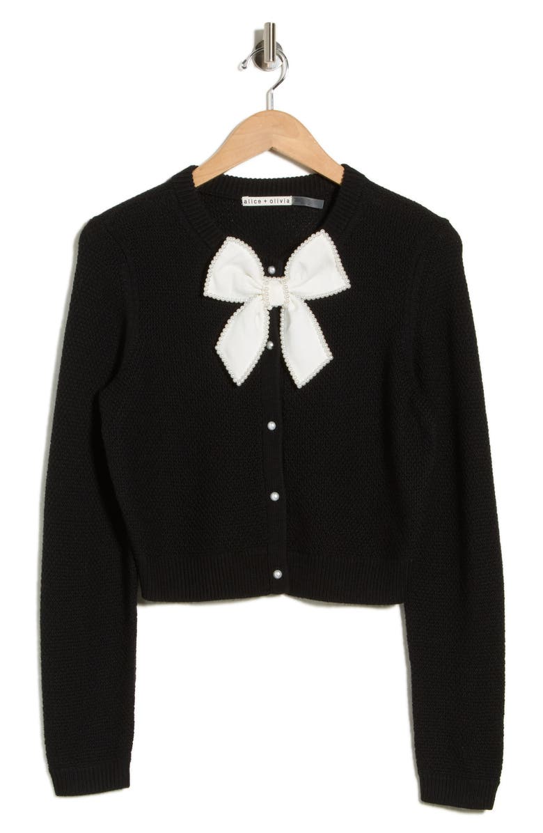 Alice + Olivia Dollie Pearly Bow Wool Blend Crop Cardigan, Main, color, Black/ Soft White